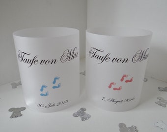 5 x Windlichter Lichthüllen Taufe Geburt Baby Babyparty Deko Tischdeko - individualisiert mit Namen * personalisiert