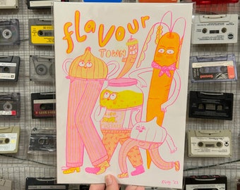 Flavour Town Risograph Print Neon Pink and Yellow Vegetable Mustard Friends A4 Garlic Onion Mustard Chilli Carrot