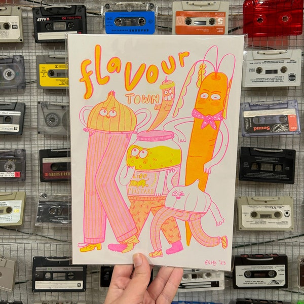 Flavour Town Risograph Print Neon Pink and Yellow Vegetable Mustard Friends A4 Garlic Onion Mustard Chilli Carrot