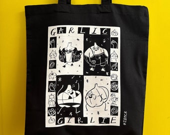 Garlic Girlie Tote Bag Black Cotton Long Handled Gourmet Fun Character Screenprinted