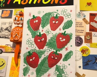 Süßer Erdbeer Aufnäher Happy Cute Fruit A4 Risograph Print