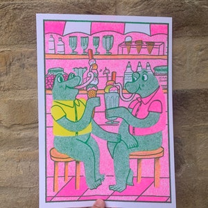 RISOGRAPH VERSION Ice Cream Parlour Frogs on a Date What a Lovely Time Frog Toad A4 Risograph Print