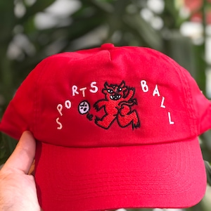 Sports Ball Lil Devil Cap Hook and Loop Strap Adjustable Five Panel Baseball Dad Hat Red