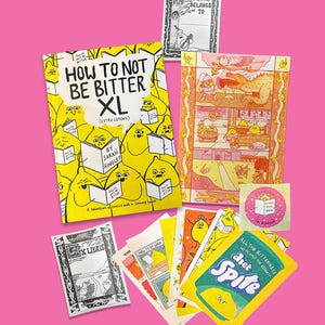 Lot Comment ne pas être amer, livre XL (citrons supplémentaires) par Sarah Hingley aka Sazzsquatch, impression a5 Riso, 10 cartes postales, 1 autocollant pour plaque de livre