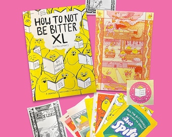 BUNDLE How To Not Be Bitter XL (Extra Lemons) Book by Sarah Hingley aka Sazzsquatch, a5 Riso Print, 10 x Post Cards, 1 x Book Plate Sticker