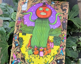Dancing Pumpkin Folk Creatures Risograph Print Leaf Tree Forest A4 Risograph Print Poster