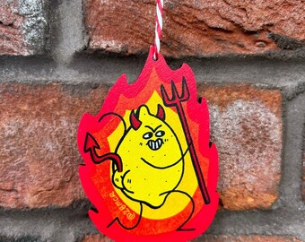 Devil Lemon Holding Their Pitchfork Being Cheeky (Pun Intended) Maple Charm Wooden Printed Hanging Christmas Decoration Approx 8.5cm by 6cm