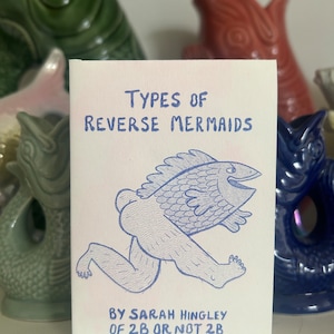 May include: A white booklet titled "TYPES OF REVERSE MERMAIDS" with blue text and a blue illustration of a fish-bodied creature with human legs. The author's name, Sarah Hingley, and the publisher, 2B OR NOT 2B, are also listed.