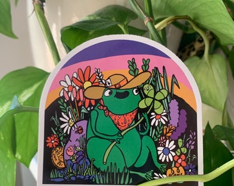 Cute Frog with a Clover Lucky Toad Frogs Flowers Vinyl Sticker