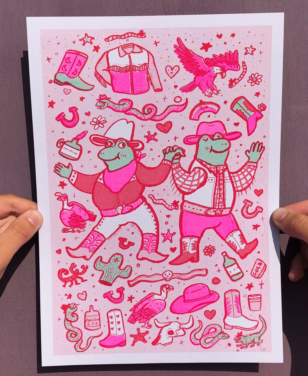 Cowboy Frogs in Love Frog Yeehaw Such a Fun Time A4 Risograph Etsy