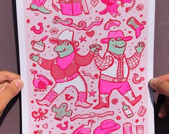 Cowboy Frogs in Love Frog Yeehaw Such a Fun Time A4 Risograph print