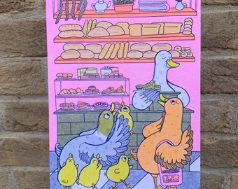 Duck and Duckling Bakery Baked Goods and Fun Birds A4 Risograph Print