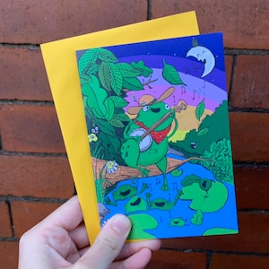 Joyeux anniversaire, grenouille banjo, occasion générale, musique, coucher de soleil, dessin animé, carte de voeux, A6