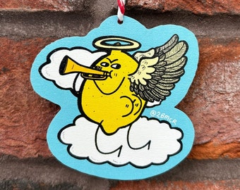 Angel Lemon Tooting their Trumpet TOOT TOOT Charm Wooden Printed Christmas Decoration Approx 7.5cm by 7.5cm