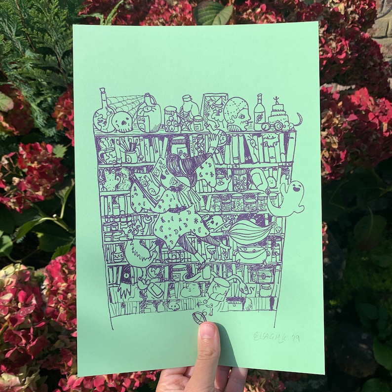 Download Spooky Halloween Bookcase Witch A4 Risograph Print Prints ...