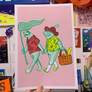 Cute Frogs On A Date Love Toad A4 Risograph Print