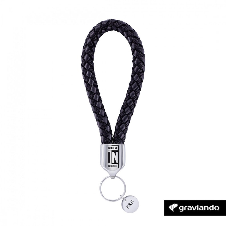 leather braided black Glossy Keychain with engraving