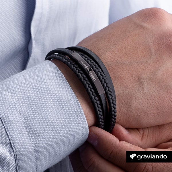 Gepersonaliseerde leren armband voor heren - gepersonaliseerde armband zwart - persoonlijk cadeau - Valentijnsdagcadeau voor hem