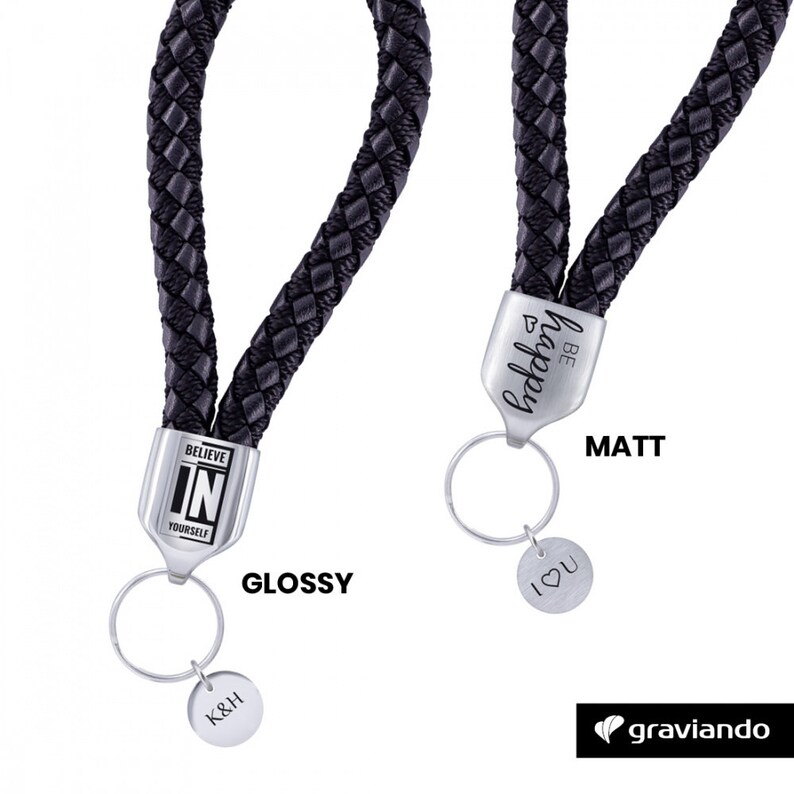 leather braided black Glossy Keychain with engraving