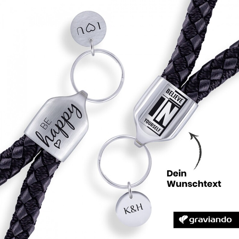 leather braided black Glossy Keychain with engraving