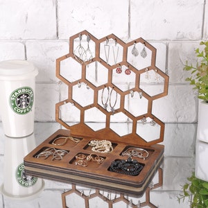 earring holder. earring display. jewelry stand. honeycomb earring holder.