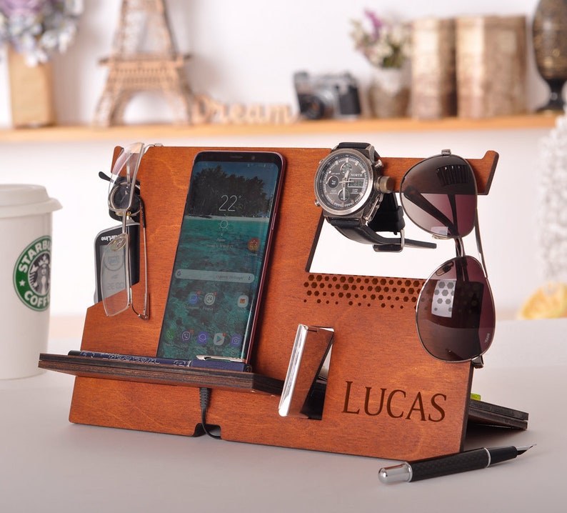Wood Docking Station Charging Desk Organizer Personalized Men Phone Stand 30th Birthday Gift