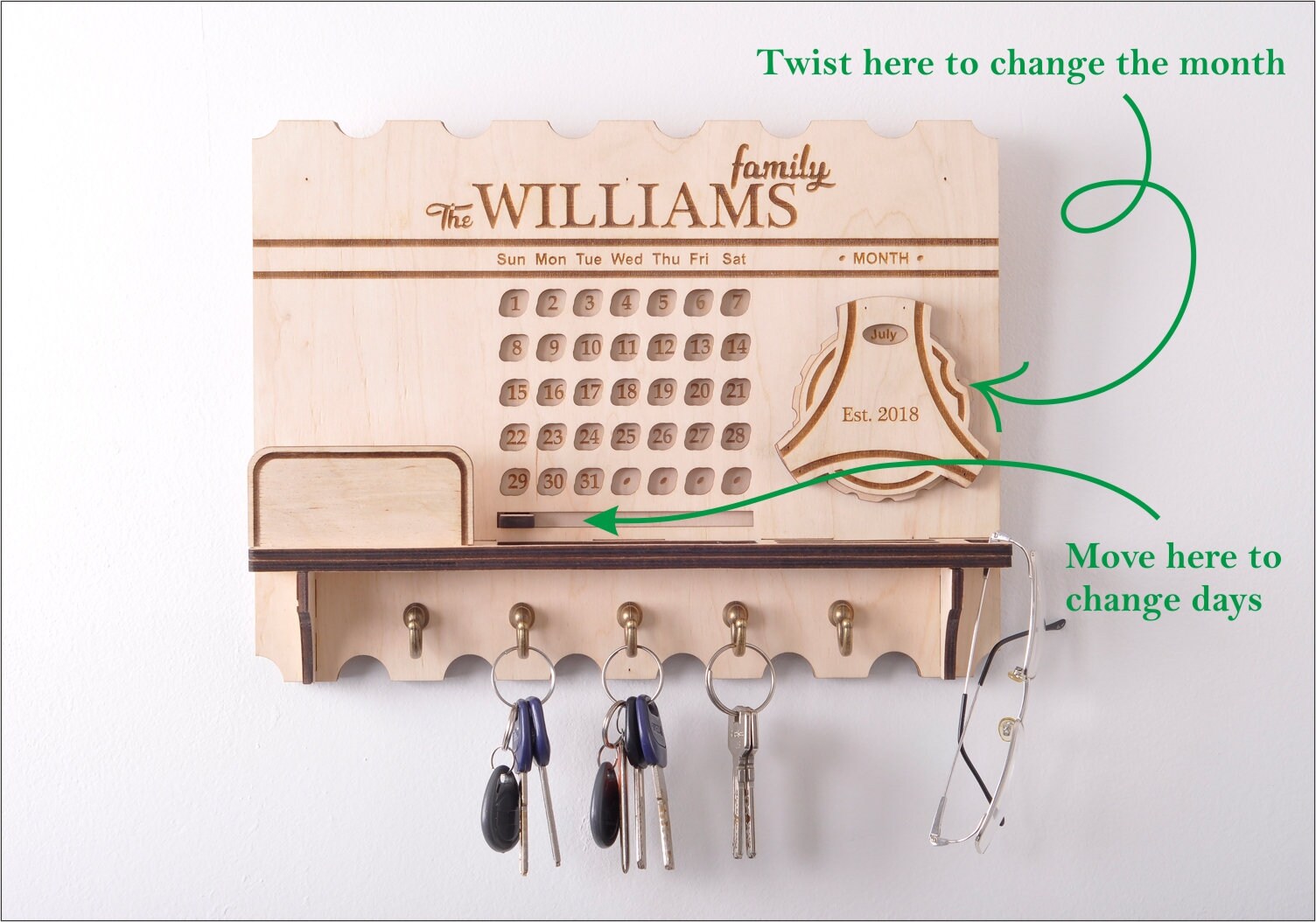 Wooden Perpetual Calendar. Wall Key Holder - Etsy