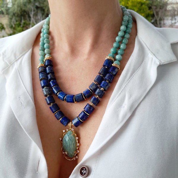 Collier lapis lazuli amazonite. Grand collier bleu vert audacieux. Collier original en grosses pierres précieuses et perles. Cadeaux d'anniversaire pour la fête des mères