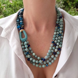 Amazonite apatite lapis lazuli raw crystal necklace Handmade jewelry Chunky statement unusual big bold necklace Large bib modern necklace image 5