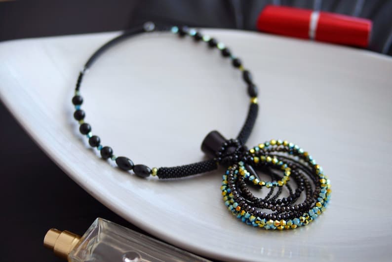 Chunky statement black green necklace birthday gift Big bold crystal necklace Contemporary modern beaded necklace Bohemian bib necklace