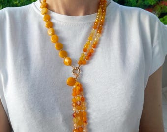 黄橙色の天然瑪瑙ネックレス、ロングペンダント、ボヘミアン風 