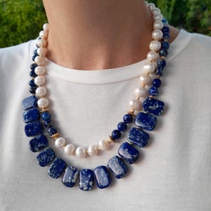 Lapis lazuli pearl necklace Statement necklace women gift Chunky gemstone necklace Handmade jewelry Large bead necklace Mom birthday gift