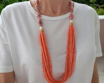 Pink coral long chunky necklace Layered wedding necklace Gemstone bead statement multistrand necklace birthday women gift Handmade jewelry