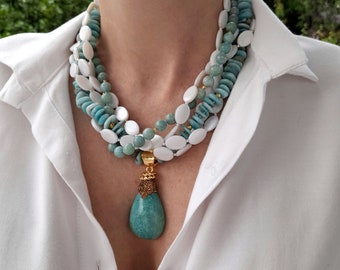 Raw amazonite crystal necklace. Handmade jewelry Chunky statement beaded necklace. Unusual big bold necklace Large bib modern necklace women