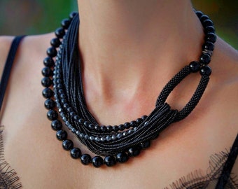 Grote zwarte onyx hematiet moderne edelsteen ketting verjaardagscadeau voor vrouwen vrouw moeder Verklaring grote gewaagde kralenketting kerstcadeau voor moeder