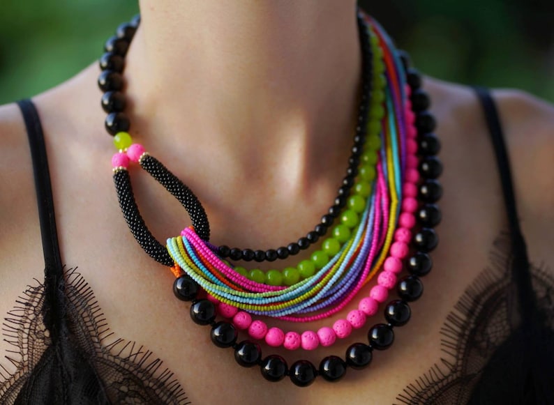 Colorful black gold statement chunky gemstone wedding necklace Large multistrand necklace birthday mom gift Big bold summer bead necklace image 2