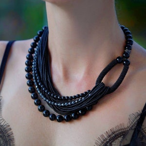 Chunky onyx necklace Black modern gemstone necklace birthday gift for women wife mom Statement big bold bead necklace Christmas gift for mom