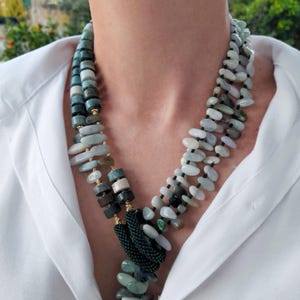Ocean green jasper jade necklace Chunky statement gemstone necklace beaded women gift Handmade jewelry Large stone two strand necklace