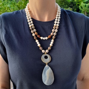 Baroque pearl fossil necklace long pendant Handmade jewelry Chunky statement gemstone boho beach wedding necklace Birthday wife mom gift