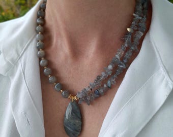 Labradorite large pendant necklace Crystal chunky big bold necklace Statement beaded bib multistrand necklace mom wife gift Handmade jewelry