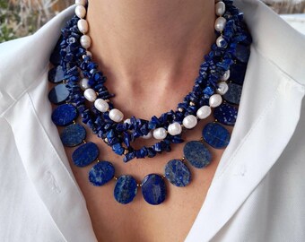 bib necklace online Lapis lazuli necklace bead Statement necklace Gift for women Chunky gemstone necklace Handmade jewelry Large bead necklace Mom birthday gift