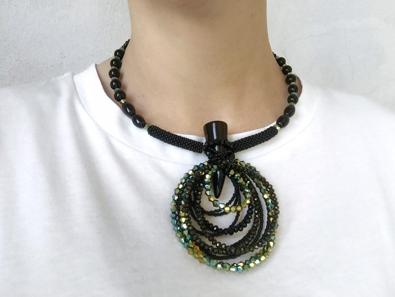 Chunky statement black green necklace birthday gift Big bold crystal necklace Contemporary modern beaded necklace Bohemian bib necklace