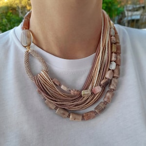 Sunstone necklace. Boho summer bib necklace. Chunky layered statement necklace. Multistrand beaded necklace Big bead choker Wedding necklace