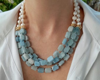 Aquamarine baroque pearl birdhstone multistrand necklace Handmade jewelry Chunky statement unusual necklace Big beaded necklace women gift