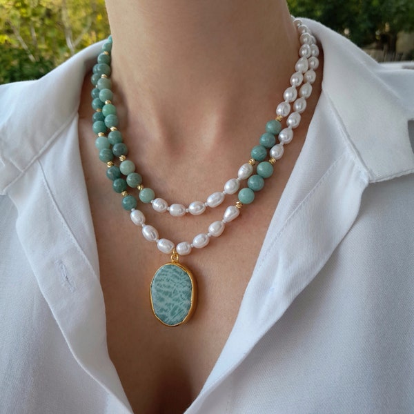 Amazonite pearl pendant necklace Handmade jewelry Chunky statement beaded necklace Elegant layered modern necklace Christmas gift women mom