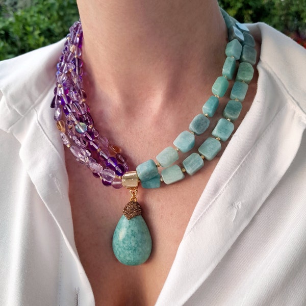 Raw ametrine crystal amazonite modern chunky statement bead necklace Unusual big bold large bib necklace Purple green boho summer necklace
