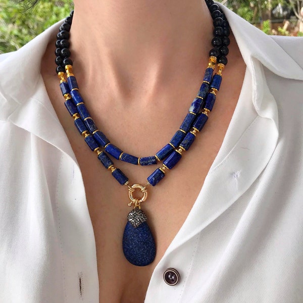 Lapis lazuli necklace bead Statement necklace Gift for women Chunky gemstone necklace Handmade jewelry Large bead necklace Mom birthday gift