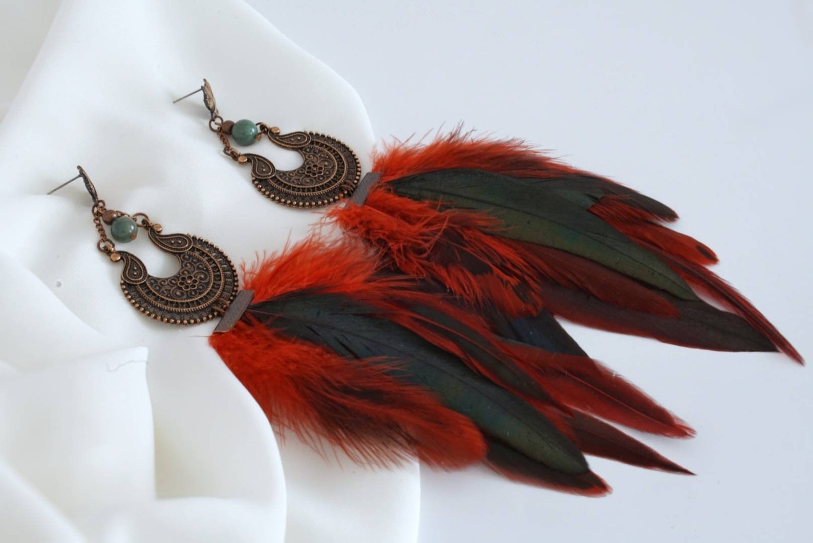 Red feather earrings Real feather earrings Long boho earrings Etsy