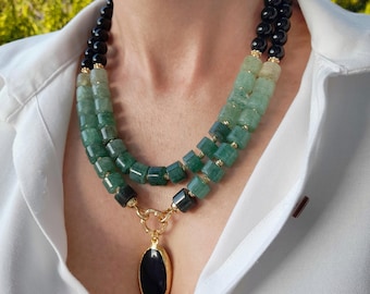 Green aventurine black onyx necklace with pendant Chunky statement gemstone necklace Handmade jewelry Large cylinder bead layered necklace