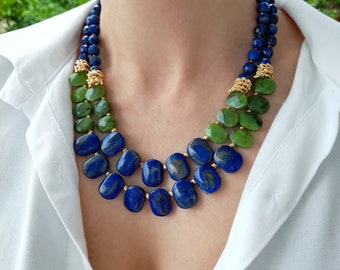 Blue green chunky necklace Lapis lazuli jade necklace Wedding necklace Handmade jewelry Statement bead unusual necklace Big necklace gift